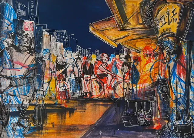 A layered mixed-media painting of a crowded Taipei lane at night.