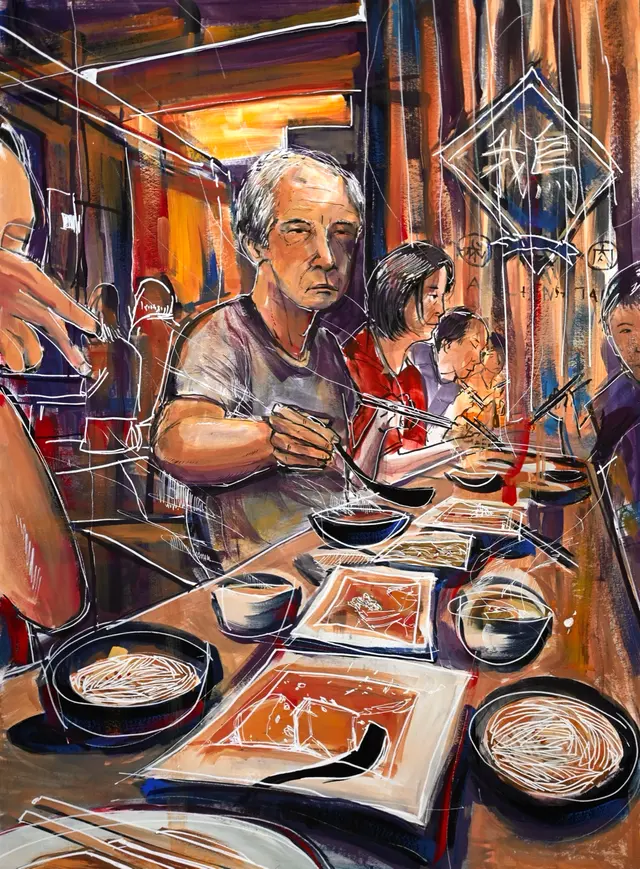 A vivid mixed-media painting of diners gathered around a night-market table.