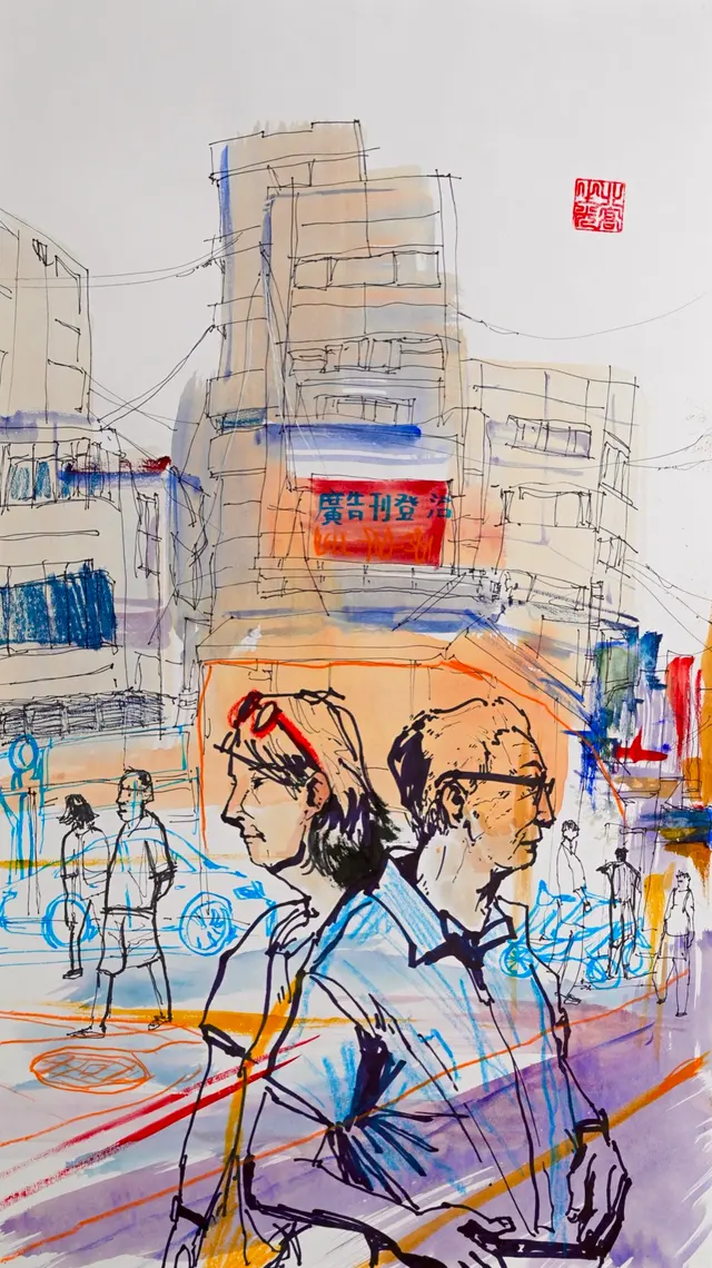 A mixed-media street scene with two older pedestrians crossing in opposite directions.