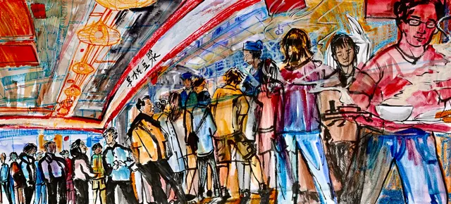 A panoramic mixed-media painting of commuters moving through a busy station.