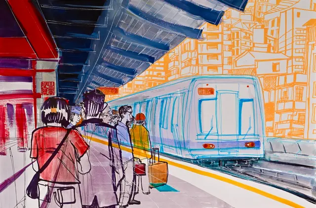 A bright mixed-media painting of travelers waiting beside a metro train.