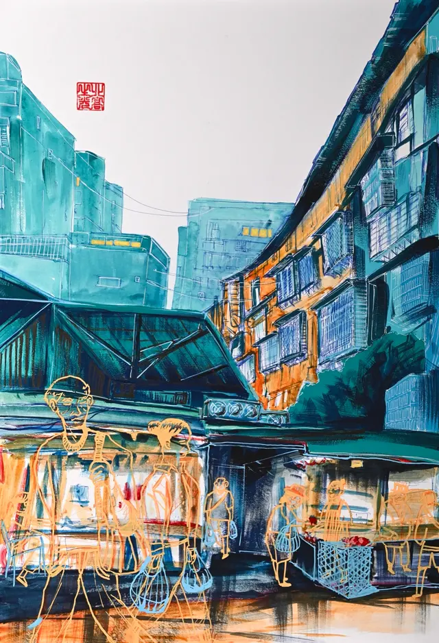 A turquoise and amber painting of an old street lined with market stalls.
