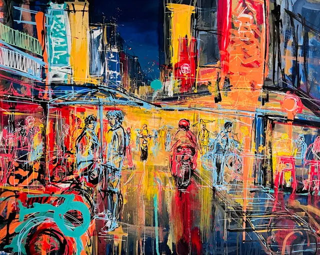 A saturated city painting with reflected lights, signs, pedestrians, and a scooter rider.