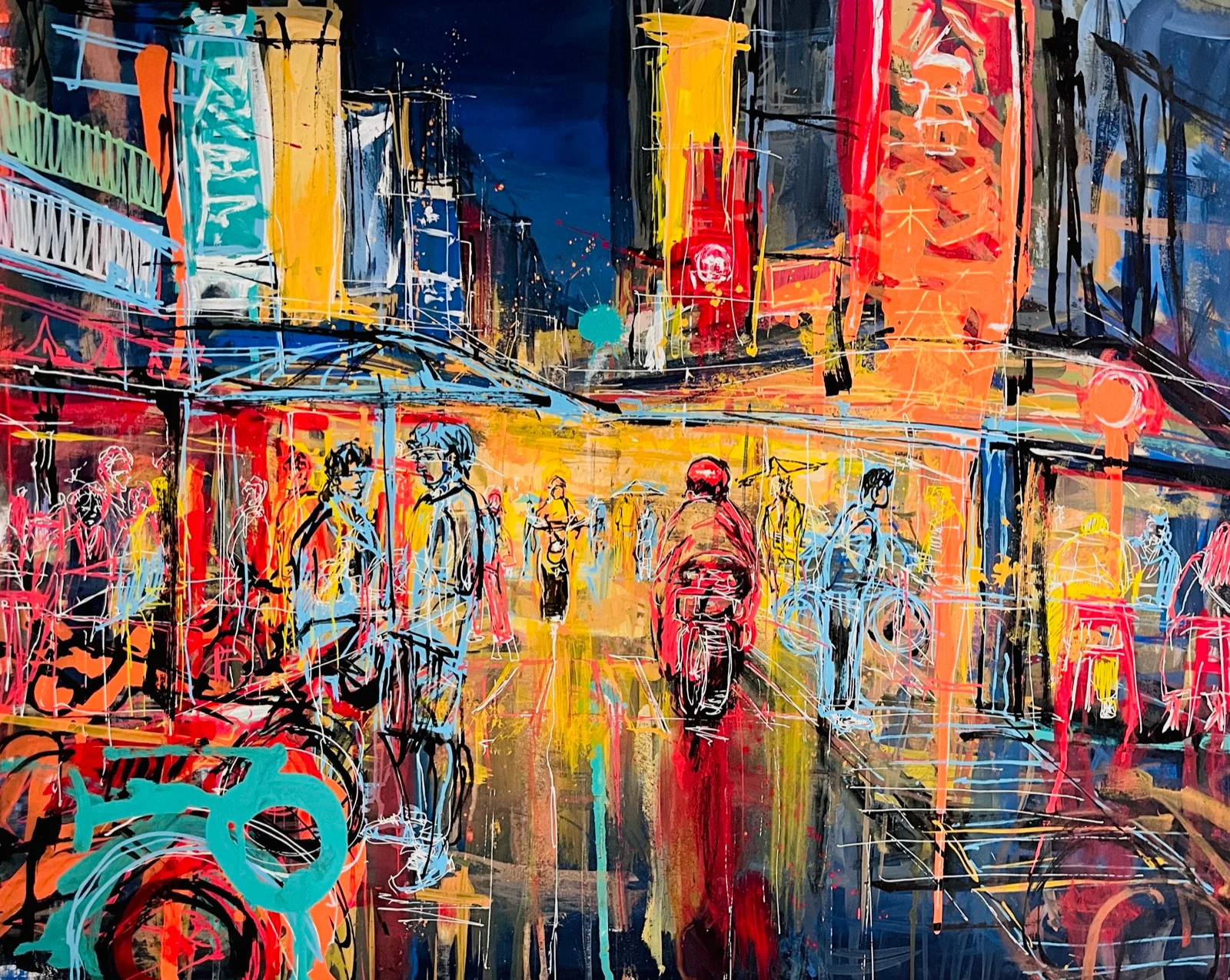 A scooter rider traveling through a crowded neon street reflected on wet pavement